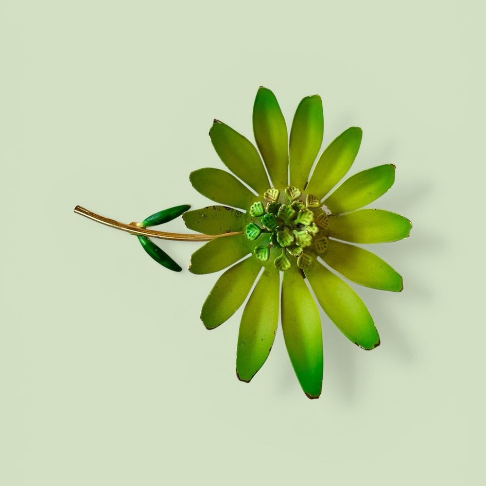 Very Large Vintage Green Floral Enameled Brooch